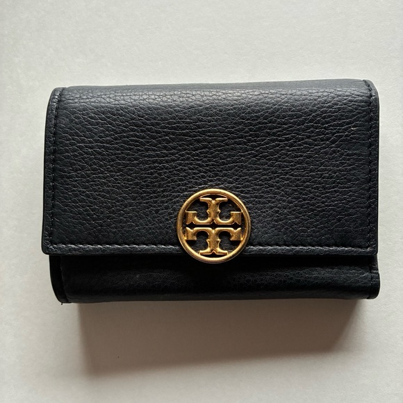 Tory Burch Handbags - Tory Burtch Navy Pebbled Leather Small Trifold Wallet With Gold Logo